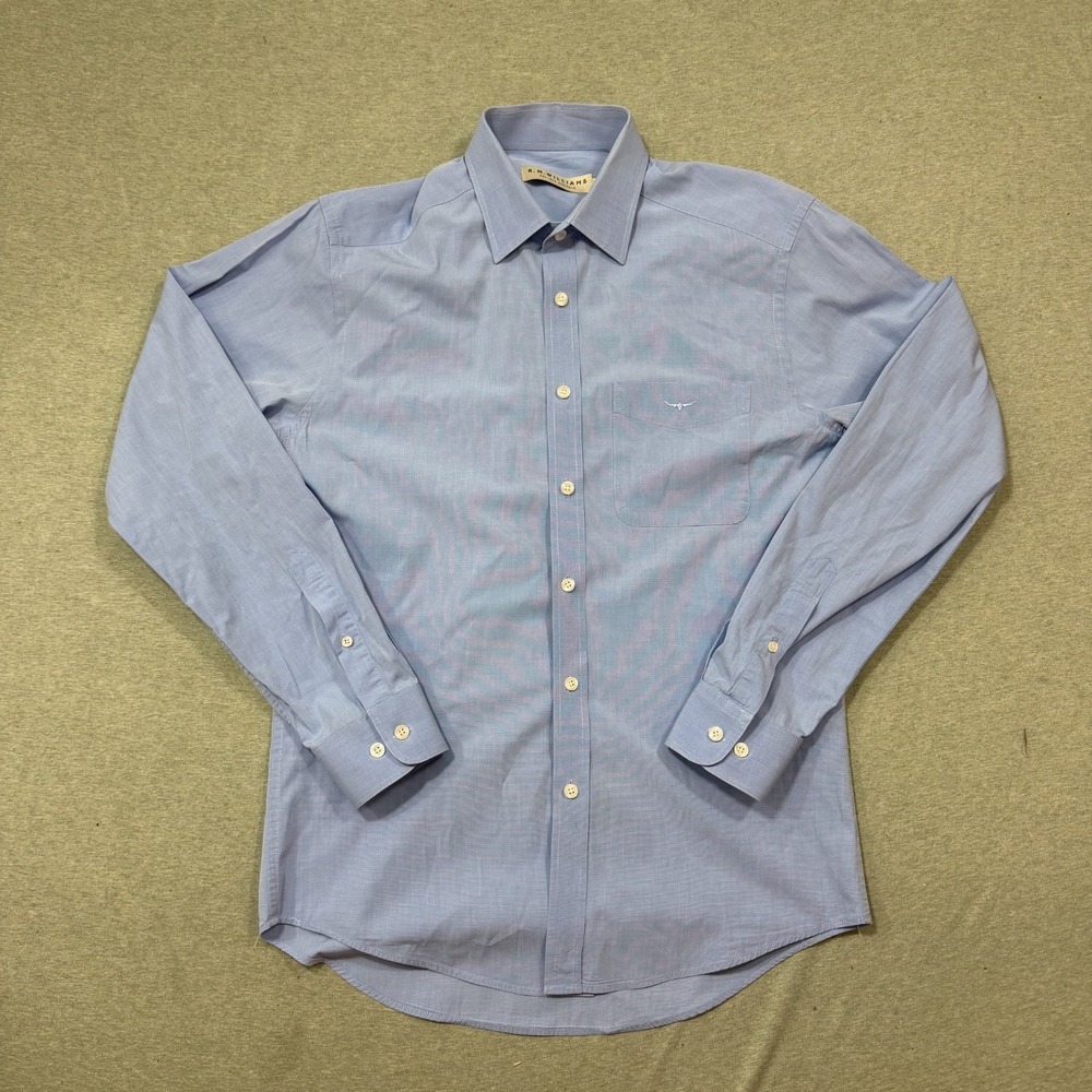 RM Williams Button Down Shirt Mens Small Blue Good Longhorn Logo Long Sleeve